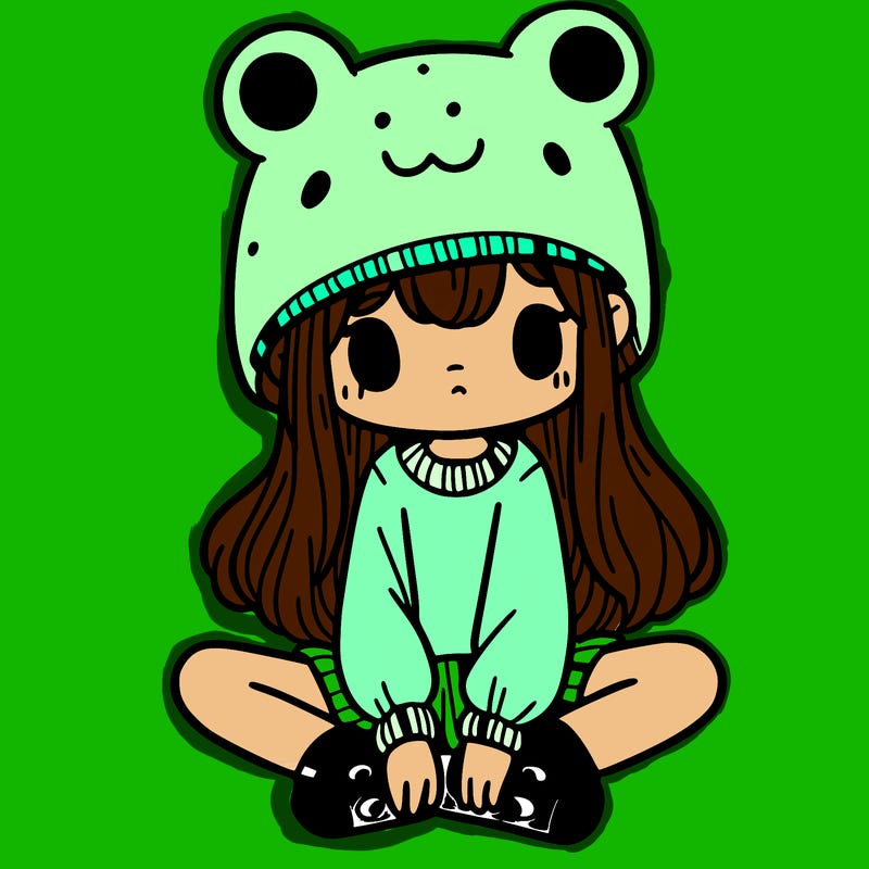 a girl wearing a frog hat and some frog socks