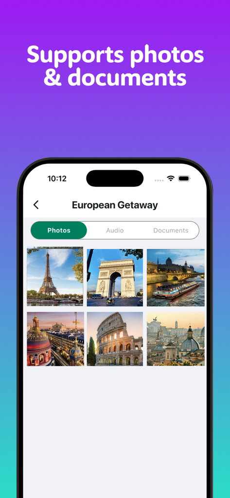 RoamR: AI Itinerary Organizer - RoamR app interface showing organized travel photos and documents for a European getaway