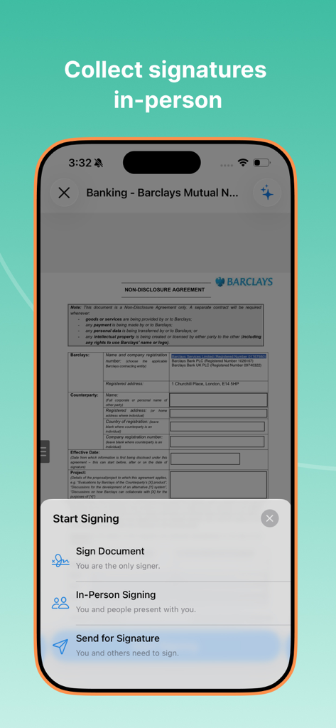 Signeasy－Sign Documents App - Benutzeroberfläche der Signeasy-Mobil-App mit Optionen für persönliche Dokumentenunterschriften