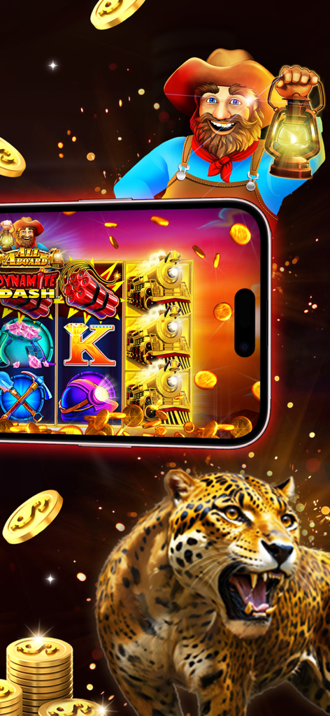 Best Bet: Slots Casino Games - Un telefono cellulare che mostra la slot machine All Aboard Dynamite Dash con un personaggio minatore e un leopardo ruggente