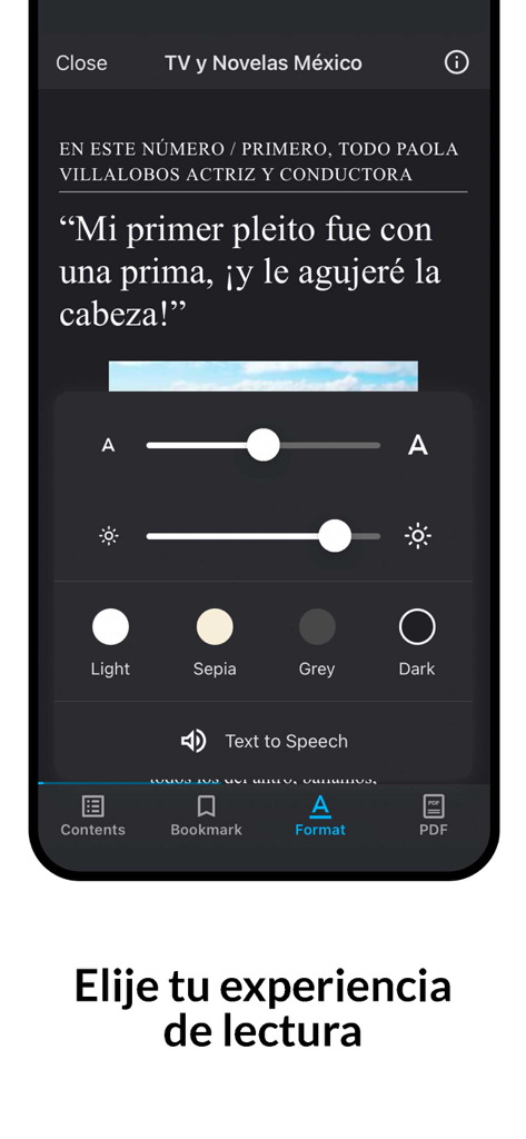 TVyNovelas México - Interfaz de la app TVyNovelas Mexico mostrando opciones de personalización para la lectura, incluyendo tamaño de fuente, brillo y temas de color