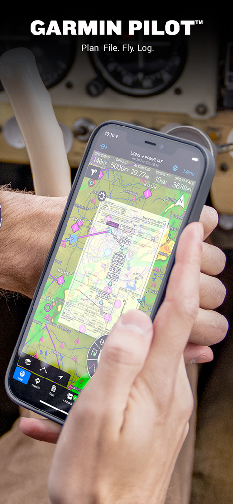 Aplicativo Garmin Pilot mostrando navegação de voo e cartas em um smartphone em um cockpit