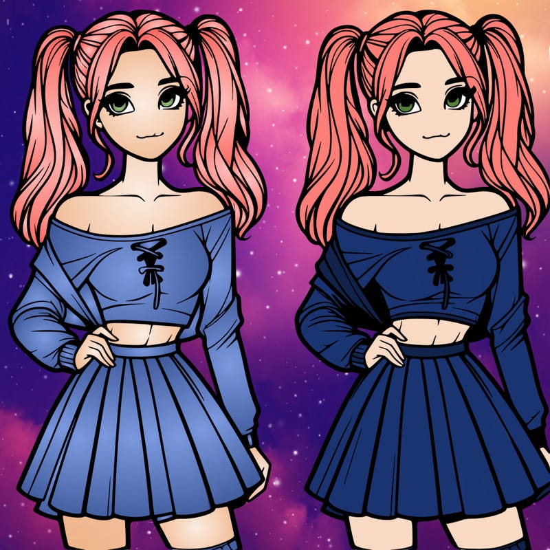 realistic girl with high pigtails wearing a cropped shirt that hangs off her shoulder and a skirt