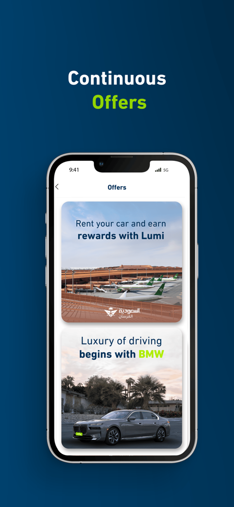 Lumi car rental app offers screen showing rewards and luxury BMW car rental options.