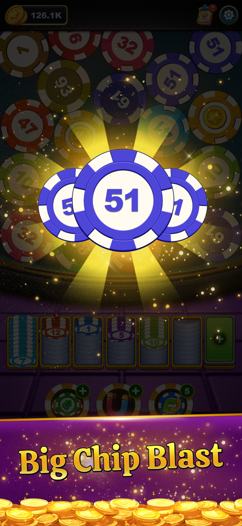 Chip Chip Boom - Gameplay of Chip Chip Boom showing a blue chip merge with a Big Chip Blast effect