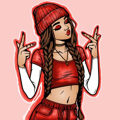 realistic teenage girl with braids and a beanie and crop top doing 🫶🏼