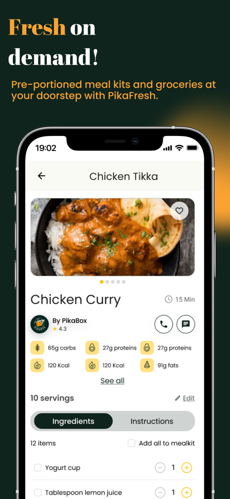 PikaBox - PikaBox mobile app interface showing a chicken curry recipe with nutritional facts and ingredient list