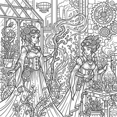 Explore a captivating fusion of magic and machinery with this Steampunk Nature Witches coloring page. Delve into a world where botanical power meets intricate gears and Victorian charm, offering a unique coloring experience.