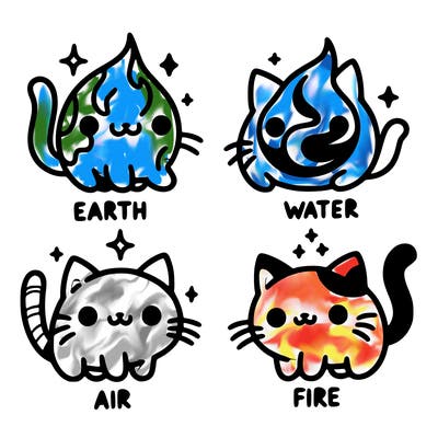 4 cats that represent the different elements, earth, water, air, and fire