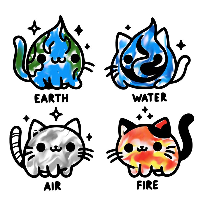 4 cats that represent the different elements, earth, water, air, and fire