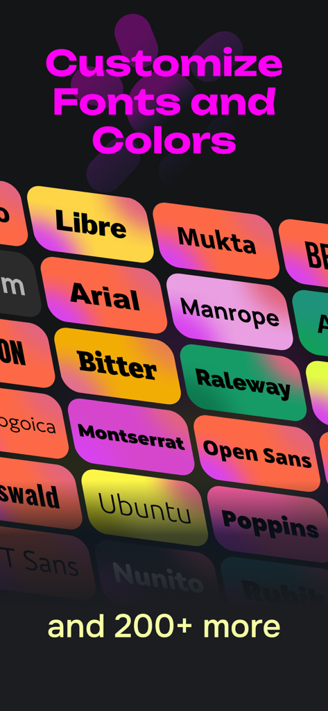 Captions AI: Video Subtitles - A display of various font styles and colorful background options for video subtitles