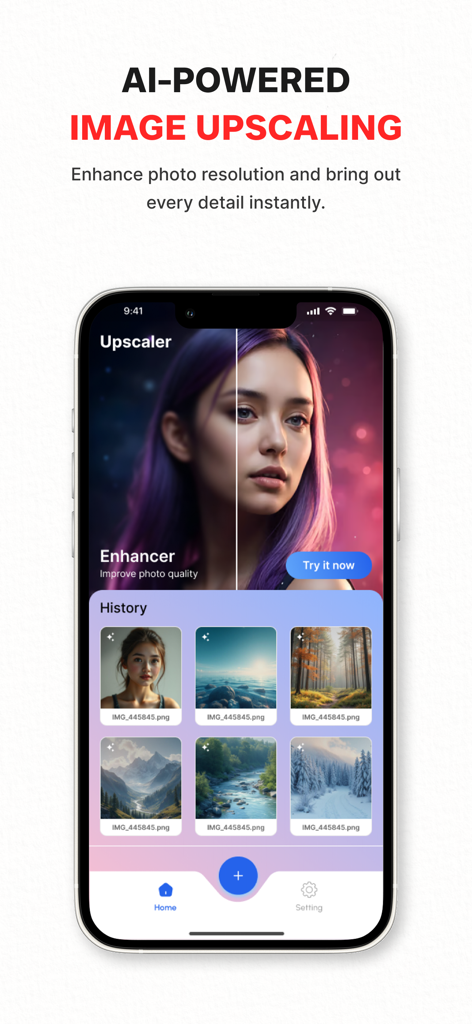 Image Upscaler AI - Mobile app interface for Image Upscaler AI showing photo enhancement and history gallery