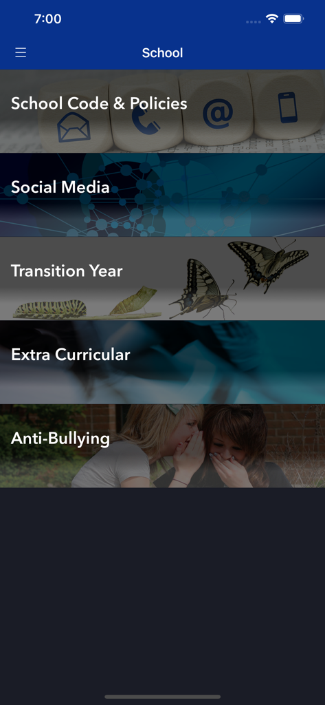 Mount Sackville - Main menu of the Mount Sackville school app showing categories for school policies transition year and extracurricular activities