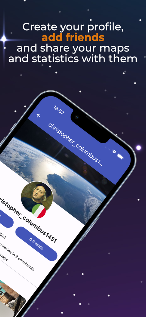 Un smartphone mostrando un perfil de usuario de viaje con opciones para agregar amigos y compartir mapas.