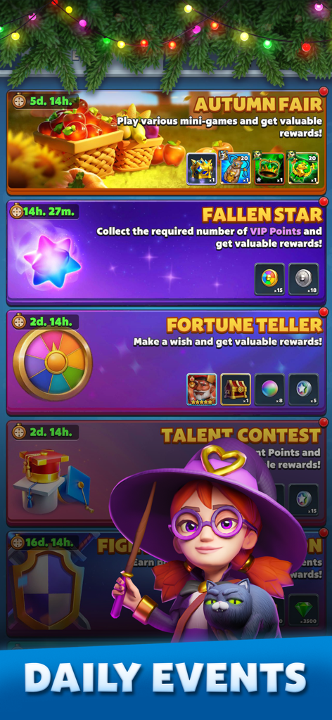 Un menú en Puzzle Breakers mostrando varios eventos diarios, incluyendo la Feria de Otoño y la Adivina con un personaje de bruja en la parte inferior.