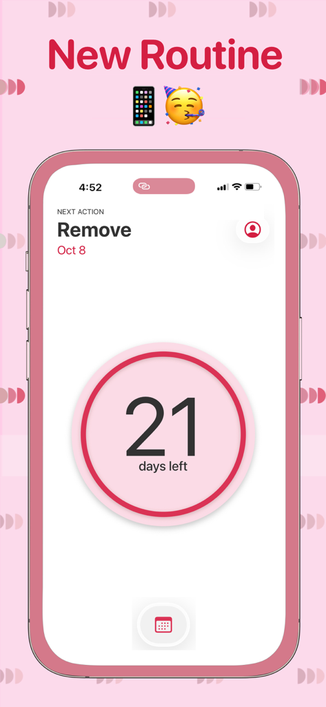 Interface do iPhone mostrando uma contagem regressiva de 21 dias para a remoção do anel contraceptivo em um design de aplicativo de saúde minimalista