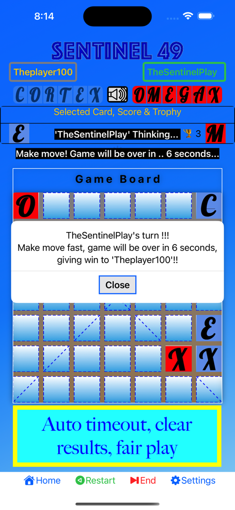Sentinel49 gameplay interface showing a 49-tile word arena with an inactivity timer notification for fair play.