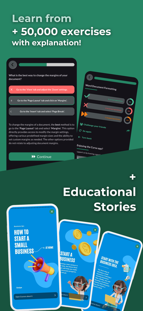 Mobile screenshots of the Cursa app featuring interactive learning exercises with explanations and educational stories on starting a business