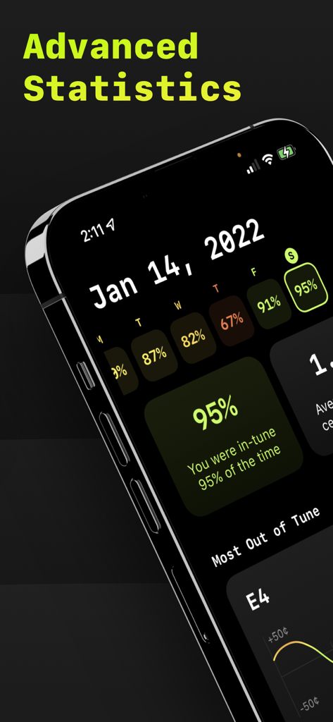 Tableau de bord de statistiques avancées de l'application Pitch Pro Tuner montrant les performances musicales quotidiennes et les pourcentages de précision d'accordage