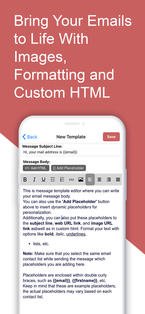 Mail Merge: Bulk Email Sender - Mobile interface for editing personalized email templates with rich text formatting and dynamic placeholders.