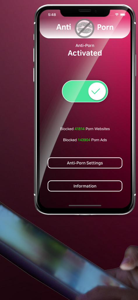 Anti-Porn - Adult Porn Blocker - Mobile app interface showing Anti-Porn activated with statistics for blocked websites and ads