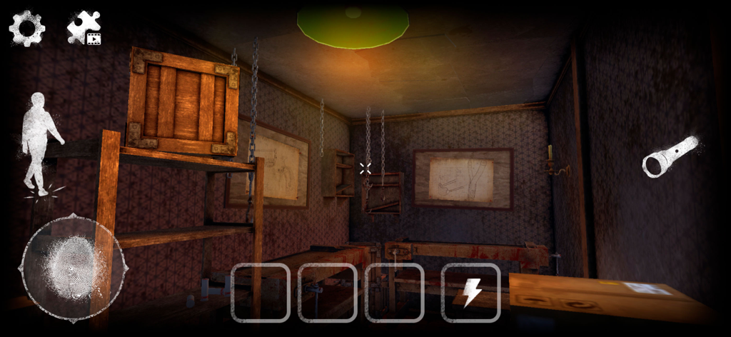 Teddy Freddy: Horror Games 3D - Jugabilidad en primera persona de una habitación oscura de taller en Teddy Freddy Horror Games 3D