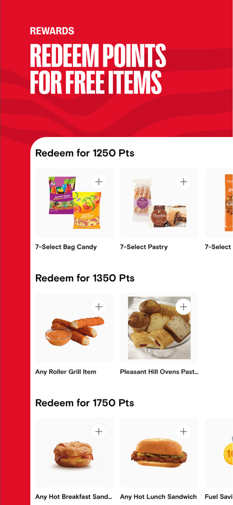Speedway app rewards screen showing snack and sandwich items available for point redemption