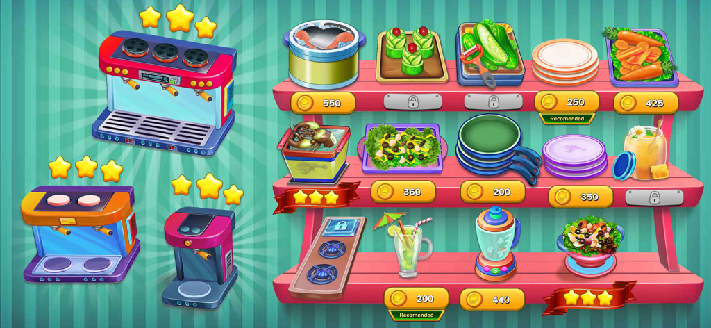 A display of kitchen appliances and food ingredients for restaurant management in a cooking game