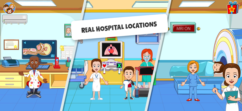 My Town Hospital: Doctor Games - A multi-scene view of My Town Hospital showing a doctor in his office, a child patient with a nurse, and an MRI scanning room.