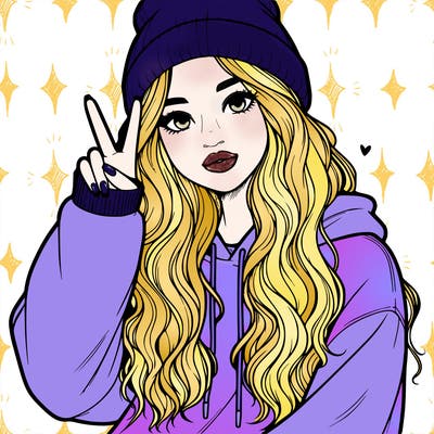 a teenage girl in a beanie, oversized sweatshirt, wavy long hair, and is showing a ✌️
