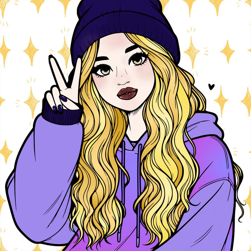 a teenage girl in a beanie, oversized sweatshirt, wavy long hair, and is showing a ✌️