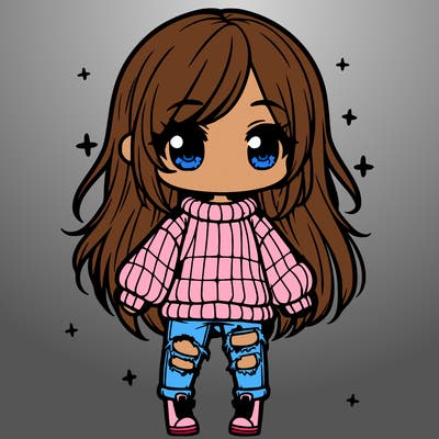 chibi girl with ripped jeans,long hair, and an oversized sweater