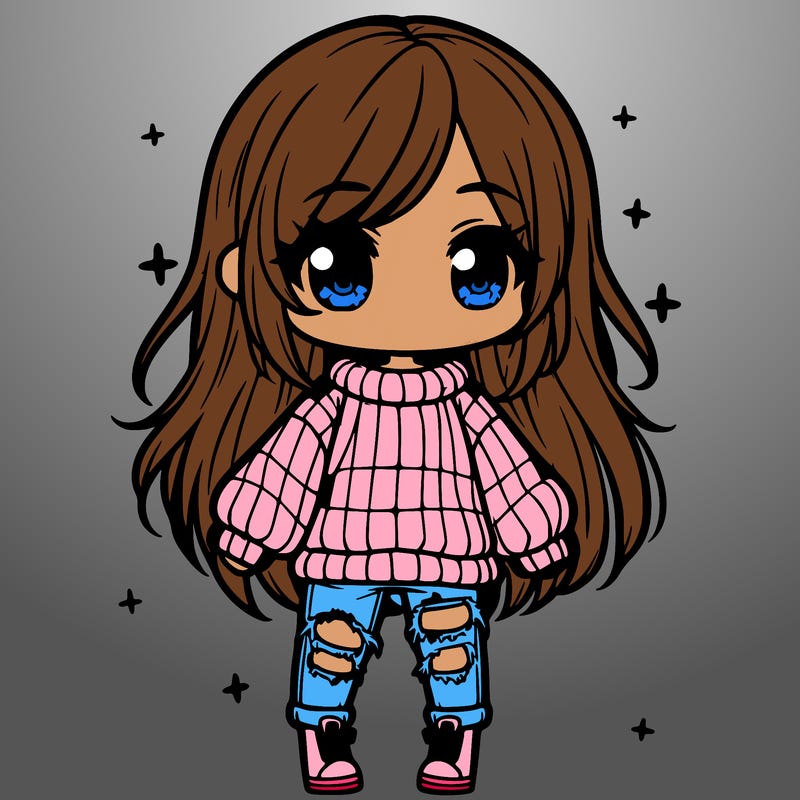 chibi girl with ripped jeans,long hair, and an oversized sweater