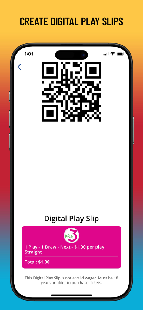 Kentucky Lottery Official App - A digital play slip on the Kentucky Lottery app featuring a QR code for a Pick 3 game.
