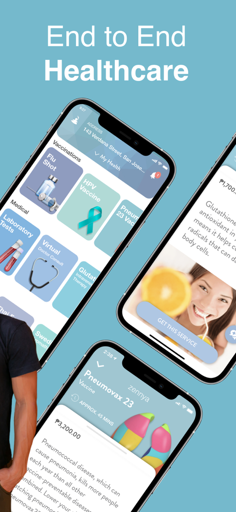 zennya health - Interfaz de la aplicación zennya health que muestra varios servicios médicos y opciones de vacunación