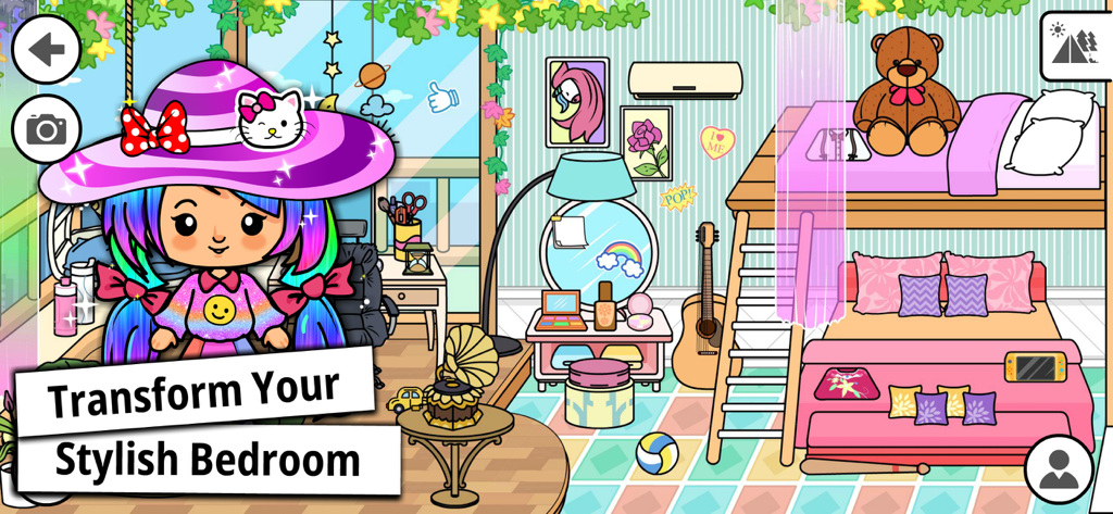 Tizi My Dream Home Design Game - A colorful cartoon bedroom decorated with a bunk bed, teddy bear, and guitar featuring a custom avatar in Tizi My Dream Home Design Game.