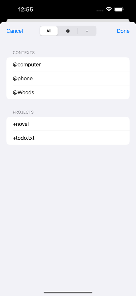 TodoTxt++ - TodoTxt++ app screen for filtering tasks by contexts and projects