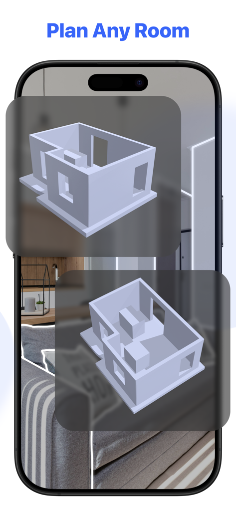 3D LiDAR Scanner - Um smartphone exibindo o aplicativo Scanner LiDAR 3D com um modelo de planta baixa 3D de uma sala para planejamento de design de interiores.