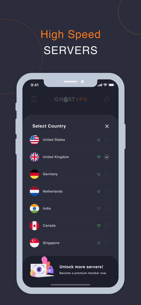 Ghost VPN app screen showing a list of high speed servers and country selection