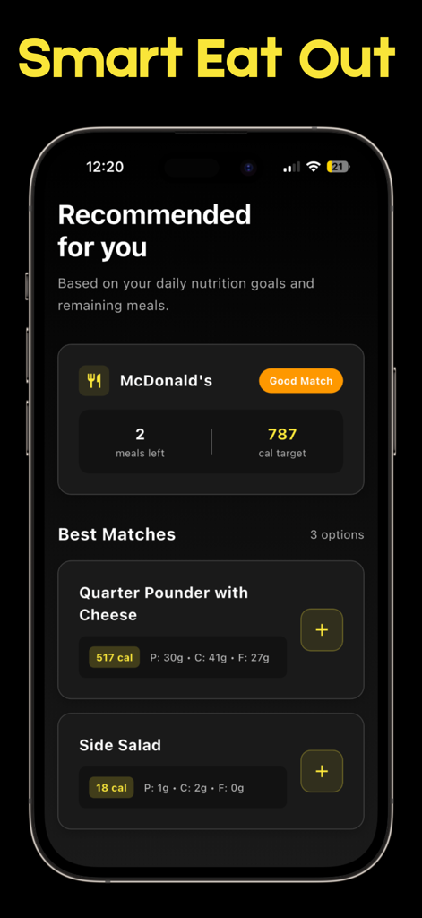 Cal Plus app interface showing personalized restaurant meal recommendations for McDonald's based on nutrition goals.