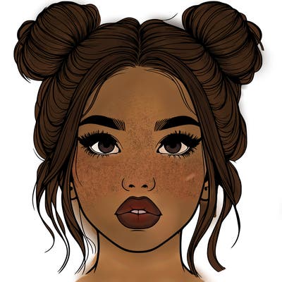 realistic girl with two buns on her hair and lips
