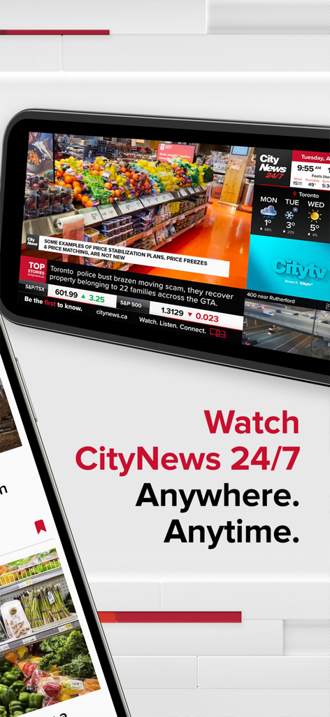 CityNews - A smartphone displaying the CityNews app with its 24/7 live news video stream including local weather and breaking news alerts.