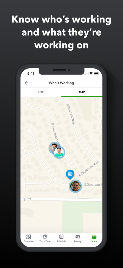 QuickBooks Workforce mobile app interface showing real time employee locations on a map