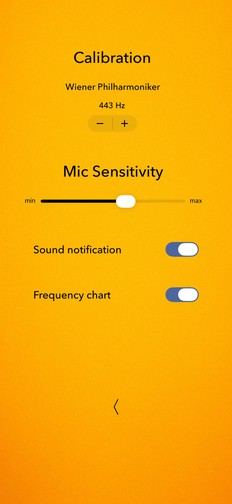 Calibration and microphone sensitivity settings screen for Violin Tuner Basic app