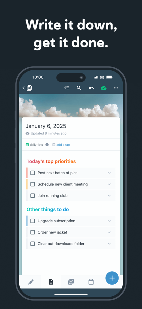 Amplenote - Amplenote mobile application interface showing daily prioritized tasks and to do list