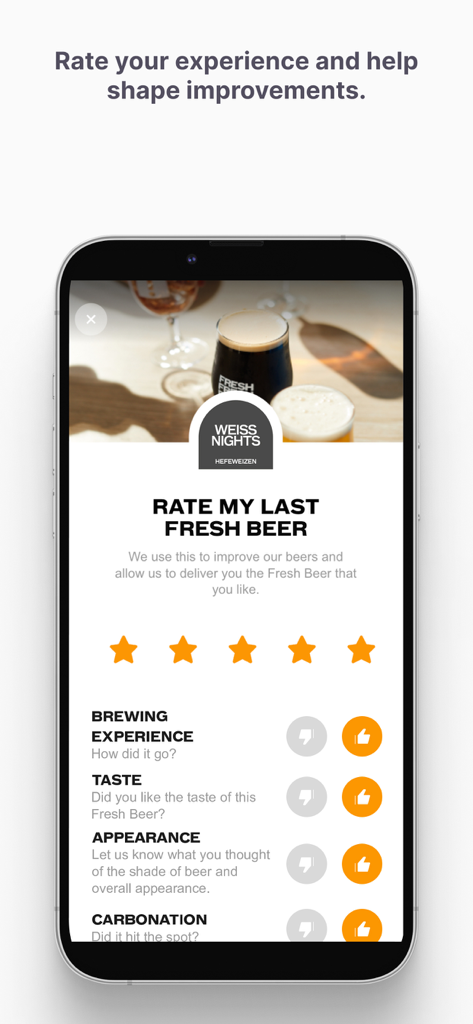 Pinter App - Interfaccia mobile dell'app Pinter che mostra una schermata di valutazione per una Weiss Nights Hefeweizen prodotta in casa con valutazioni a stelle e opzioni di feedback per gusto e carbonatazione