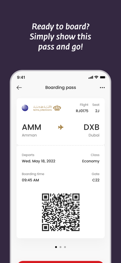 Royal Jordanian Airlines - QR 코드가 포함된 암만에서 두바이행 항공편 정보를 보여주는 로열 요르단 앱의 디지털 보딩 패스.