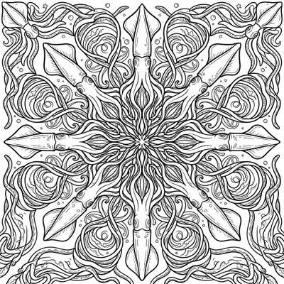 Embark on an underwater artistic journey with this captivating Bigfin Squid Mandala coloring page. Its perfectly symmetrical design features these elusive deep-sea creatures, offering a truly immersive and relaxing coloring experience.