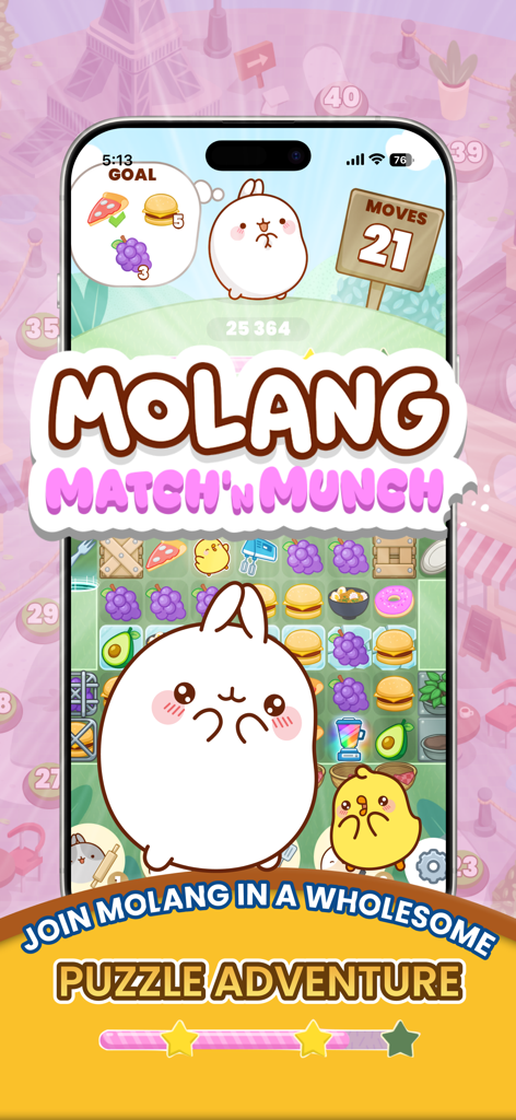 Molang Match'n Munch - Molang Match n Munch mobile game screenshot showing match-3 puzzle gameplay with cute characters