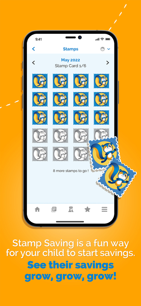 Función de tarjeta de sellos digital para que los niños sigan sus ahorros en la aplicación POSB Smart Buddy.